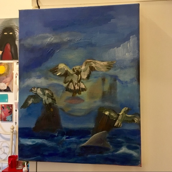 SURREALIST WHIMSICAL portrait seascape painting, oil on canvas - Picture 2 of 3